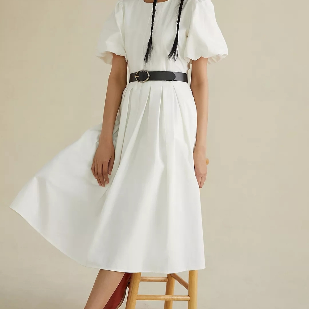 Chic White Puff Sleeve Midi Dress